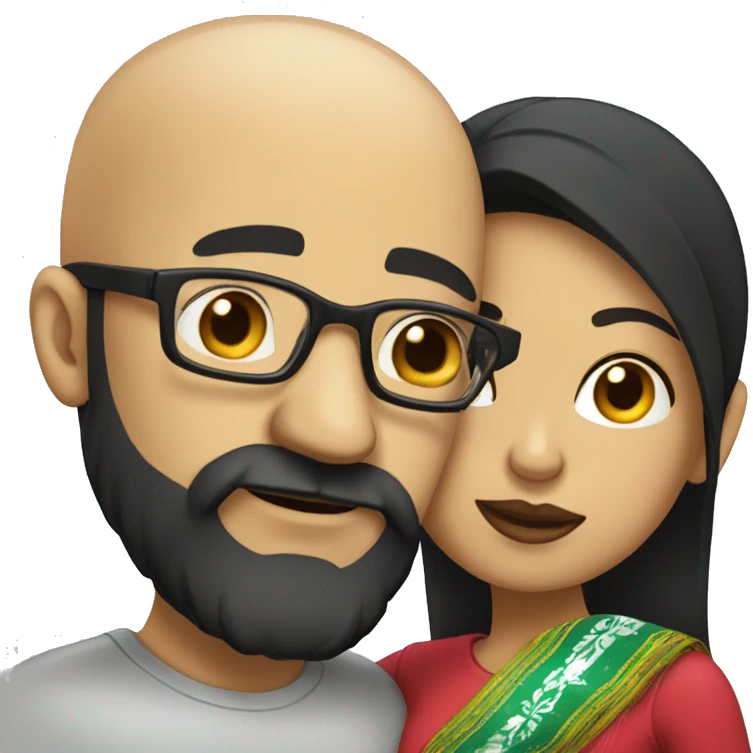 bearded Bald man wearing glasses kissing a Mexican woman with black hair emoji