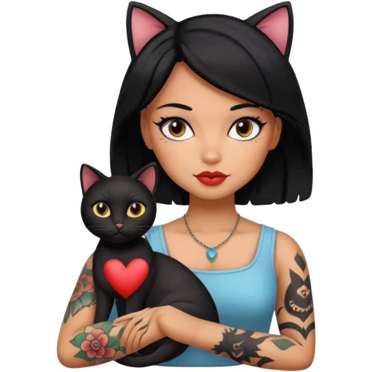 Arm tattoo ,beautiful, woman, doll, black hair with black cat emoji