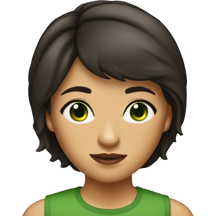 brune lady with short hair, face angle, green eyes with black tank top. emoji