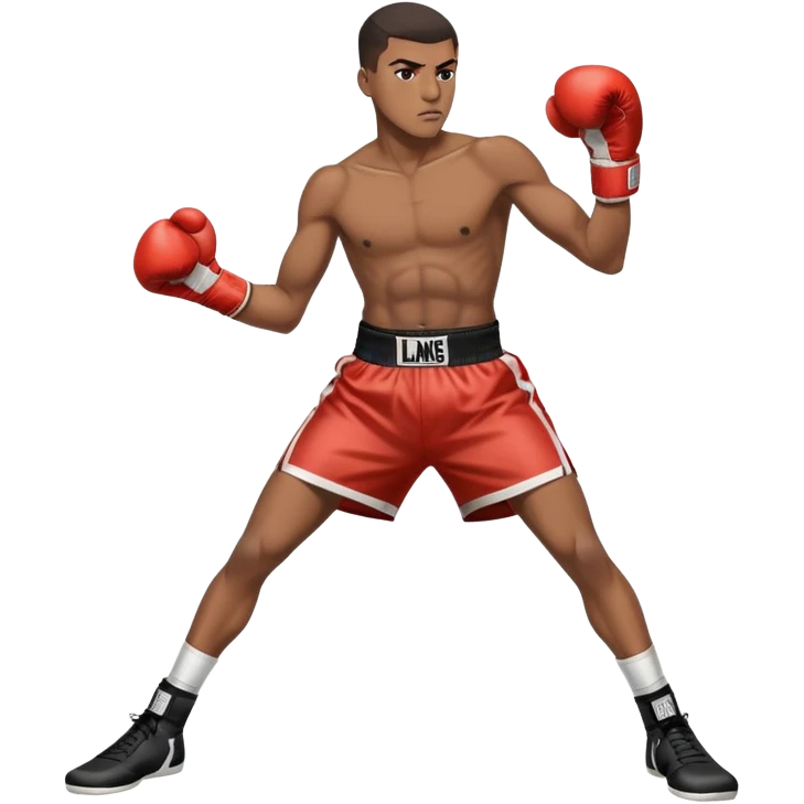 19-year-old lightweight Black male boxer in boxing stance, full body view, lean athletic build, boxing gloves, boxing shorts emoji