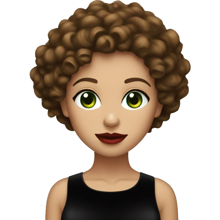 Curly woman in a black short velvet dress green eyes brown hair red lips emoji