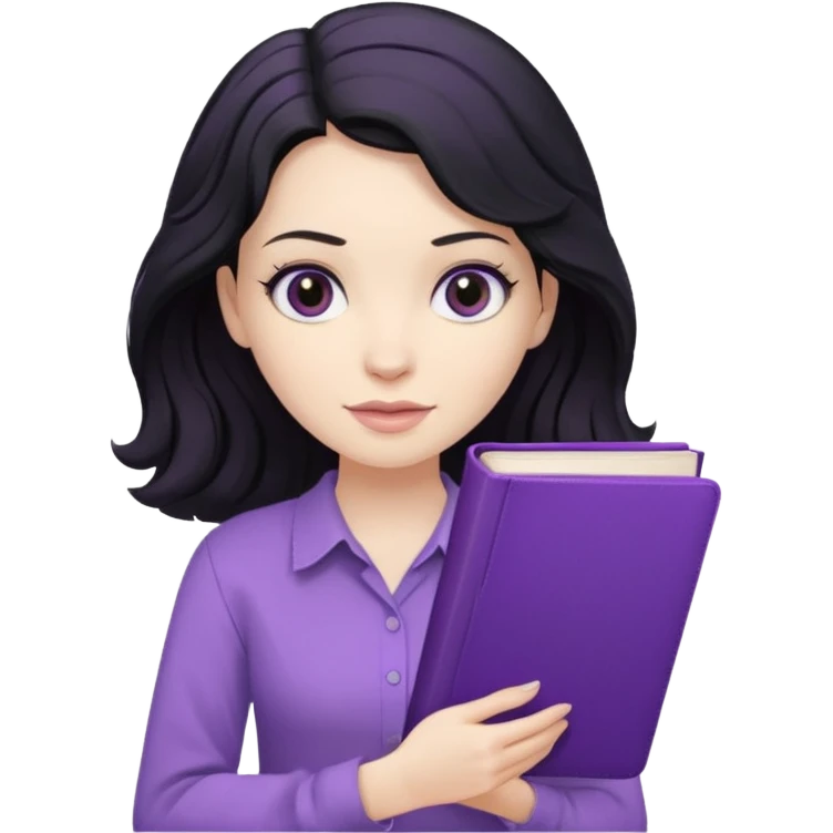 Long Hair Women with Black wavy hair, with purple Book, beige shir, without background emoji
