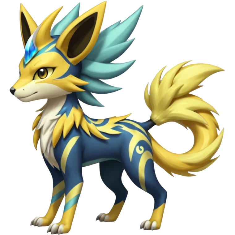Feral Scaly Striking Slaying Badass Evil Handsome Lightning-patterned Zig-zagged buzzy fuzzy Meloetta-Renamon-Zeraora-Luxray-Cobalion-Suicune-Vernid-fusion-hybrid-creature, full body  emoji