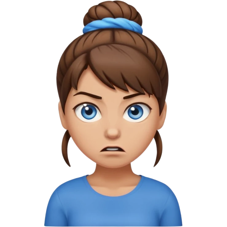 girl with blue eyes, brown hair in an angry brown bun emoji