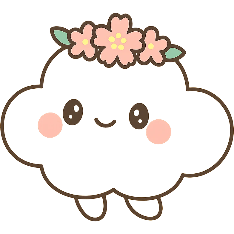 vanilla cloud doe, floating gracefully with rosy cheeks and a cherry blossom crown, social media brand identity emoji