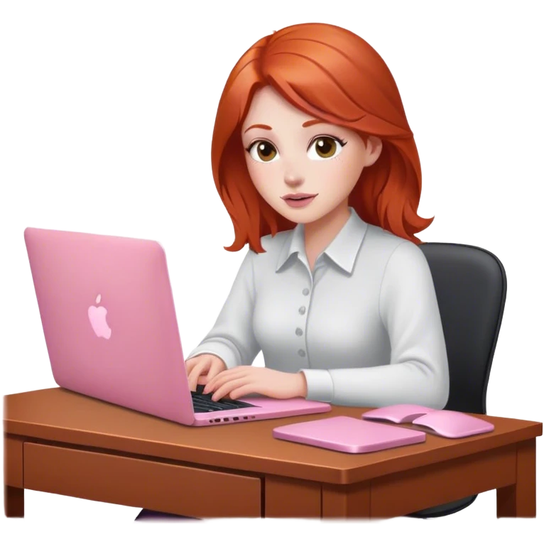 Redhead sat at desk with pink MacBook  emoji