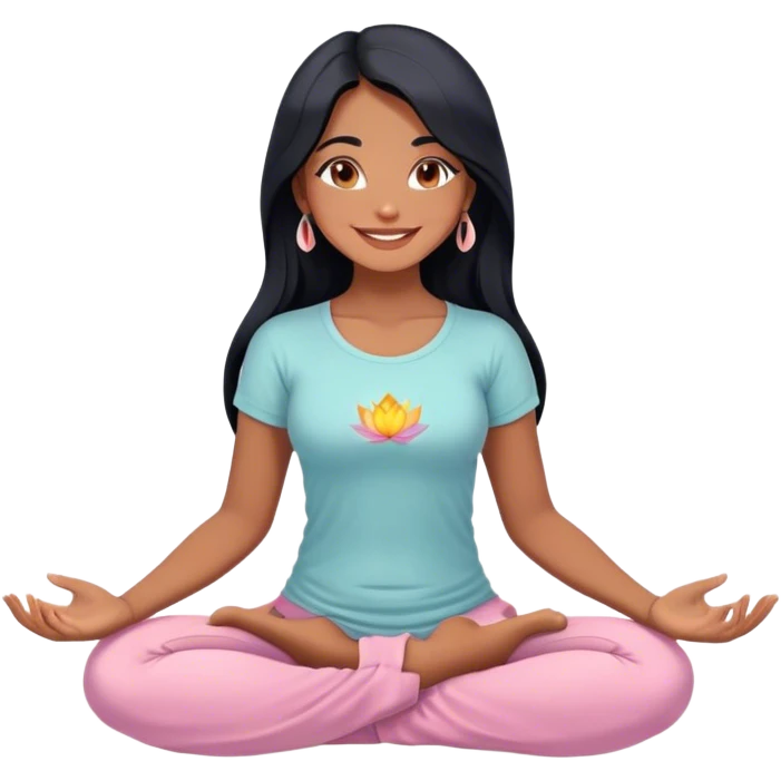 Cute chibi-style illustration of an Argentinian woman with long black hair, sitting in a lotus position, beaming with happiness, with a joyful, radiant smile and sparkling, expressive eyes, wearing clothing in color #8968A6, soft pastel shading, clean and smooth lines, white background, warm and friendly digital cartoon style, highly detailed, 8k resolution
 emoji