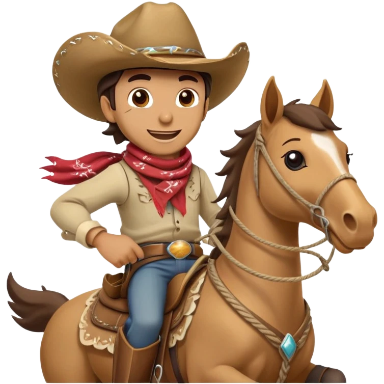clash-of-clans-aesthetic_-cinematic-playful-cowboy-portrait-emoji, head-tilted with a roguish, cheeky grin and twinkling eyes, featuring a rugged, spirited build with a wide-brimmed cowboy hat and a rugged bandana, tan skin-tone, riding a galloping horse with reins in one hand and a lasso in the other, dust trailing behind. emoji