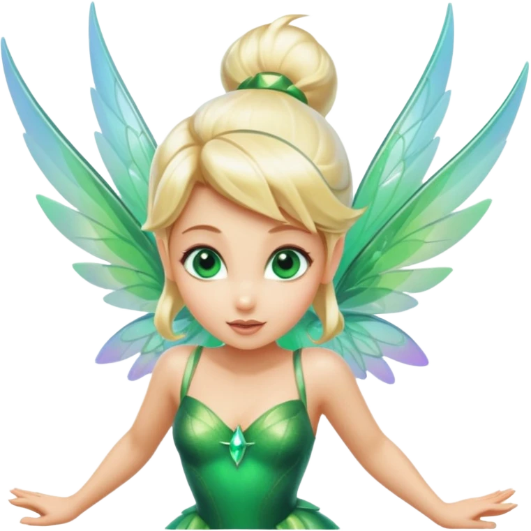 Isolated, 3D rendering, Tinkerbell wuth futuristic ultra detailed iridescent wings, flying mid-air, blonde beautiful hair,  emerald green eyes,  emoji