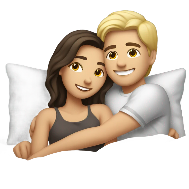 Blonde girl and brunette guy cuddling in bed emoji