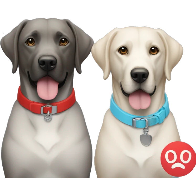 2 dogs, black labradors. one on the left smaller. The dog on left with a light blue collar. dog on right with red collar. emoji