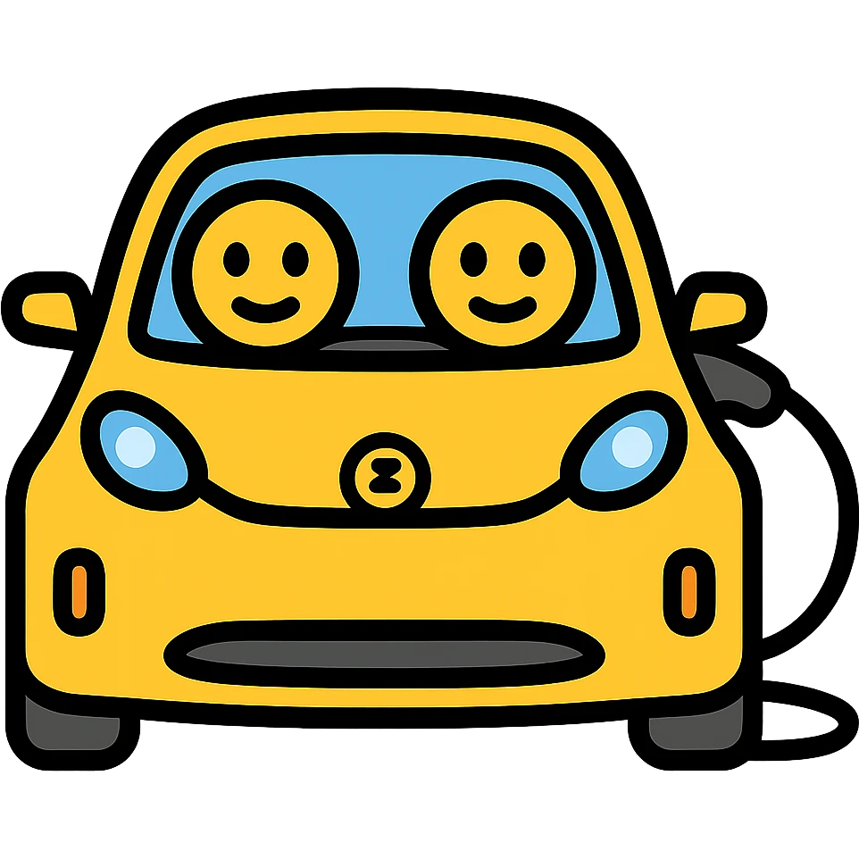 Change the EV car to yellow, keep the big circular eyes and EV charger to the right, with no background. emoji