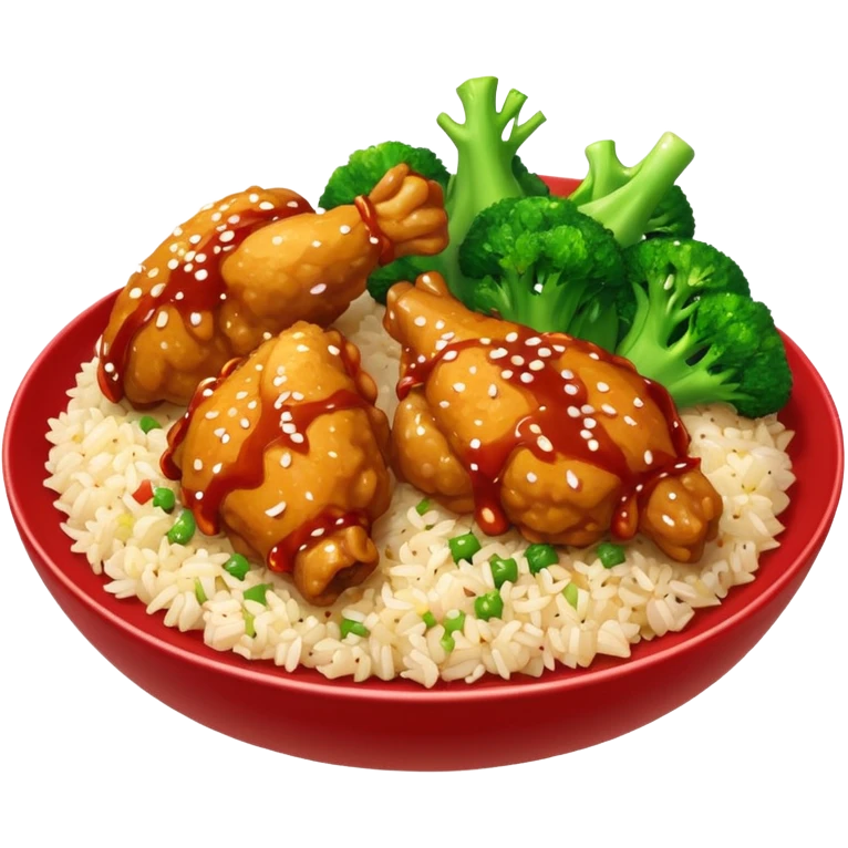 Two Chinese food dishes: General tsos chicken with pork fried rice and chicken with broccoli and white rice emoji