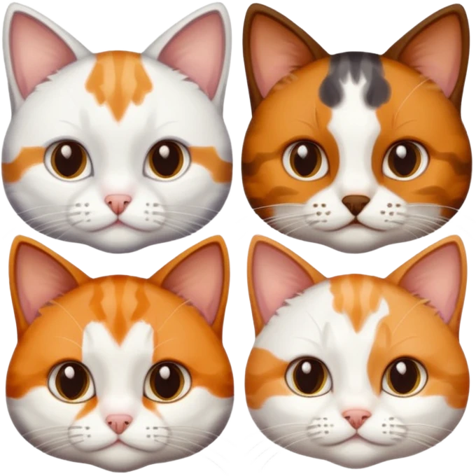 3 different coloured small cats including a dark brown tabby and white, and a patchy calico, and a ginger and white emoji