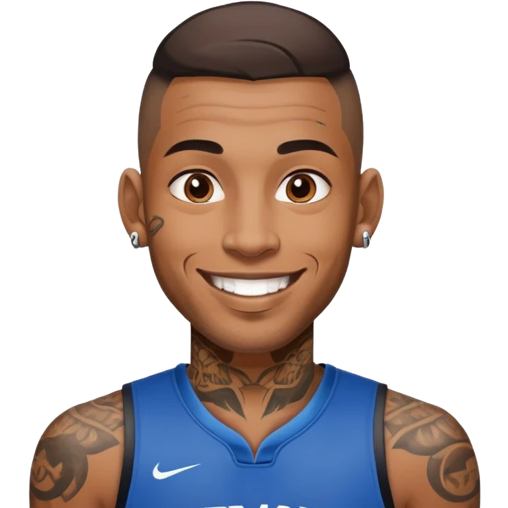 man with face tattoos, smiling, wearing a sports jersey emoji