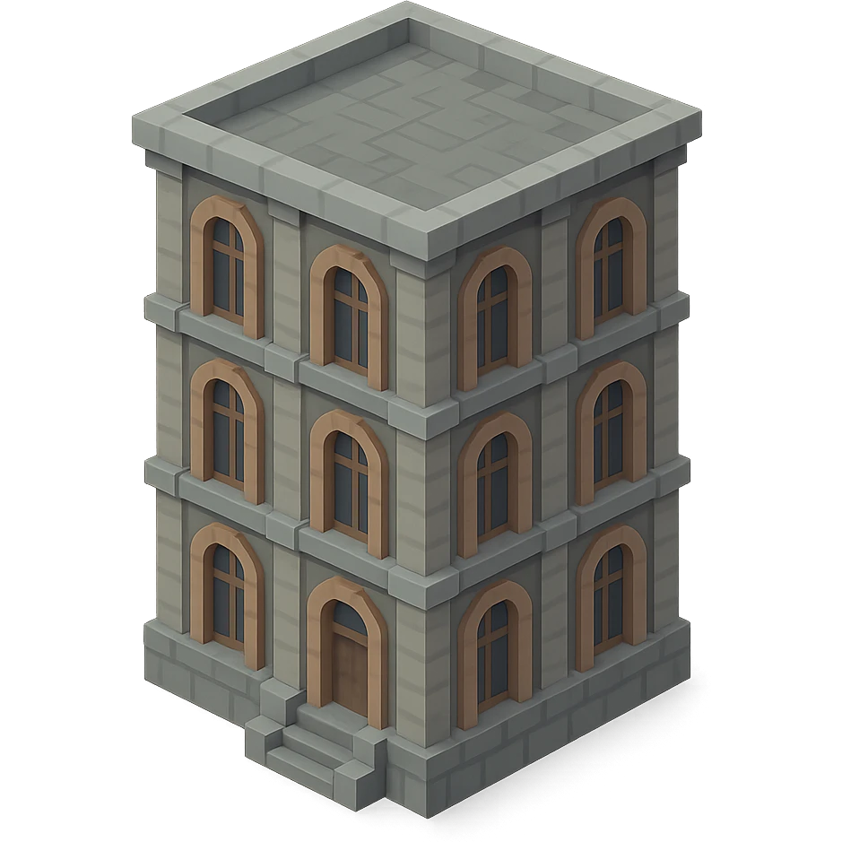 old Saint Petersburg building in voxel style, muted gray and brown colors, tall arched windows, isometric view emoji