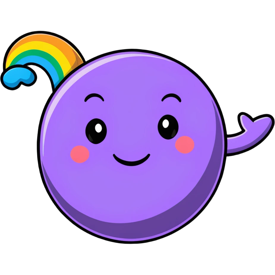 planet with rainbow polka dots all over its surface and a big grinning face emoji