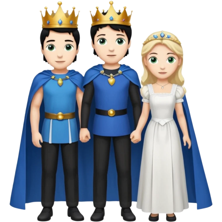 Prince with crown, blue cape and trousers, body and legs, black hair, blue eyes and maid, blonde hair, green eyes, sexy white short sleveless dress,  emoji
