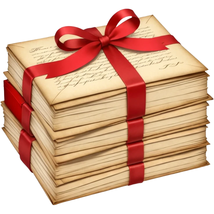 A beautifully arranged Stack of aged letters, tied with a red ribbon, envelopes, corespondence, aesthetic emoji