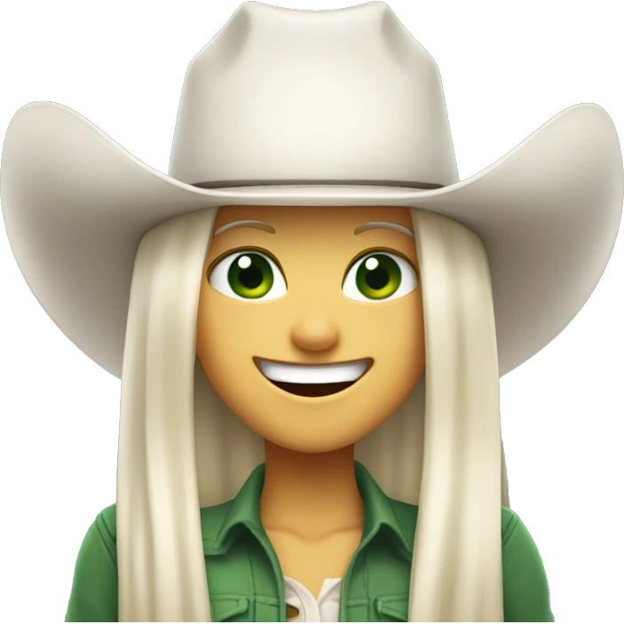 A white-skinned girl with a cowboy hat, long straight white hair and green eyes is laughing out loud.  emoji