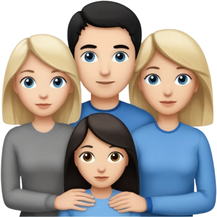 3 people. Blank woman with blond hair and blue eye color on left. And also a blank man with black hair and grey eye color in the middle. And a blank woman with brown hair and grey eye color on the right. Holding each other  emoji