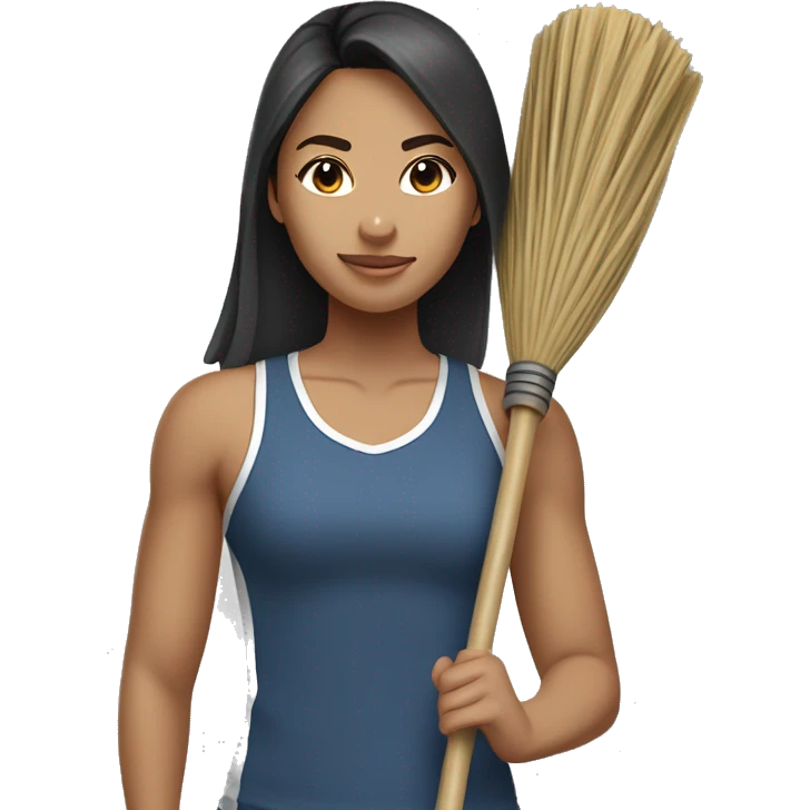 Mid 30 year old filipina holding broom stick westing gym clothes  emoji