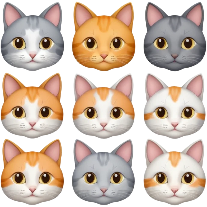 6 realistic looking cats with different natural coloured coats, assorted grey and white, greys, calicos etc
 emoji