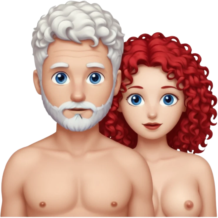 Homme nu cheveux blancs courts, yeux bleu barbe courte + femme nu gros seins rousse cheveux longs bouclés yeux bleu emoji