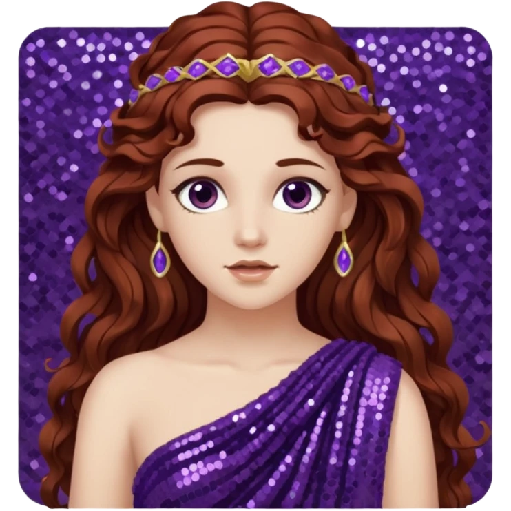 Persephone from Greek Gods with long dark auburn wavy hair, dark purple sequin toga emoji