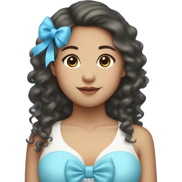 Big Curly long hair Asian girl with baby blue bow  emoji