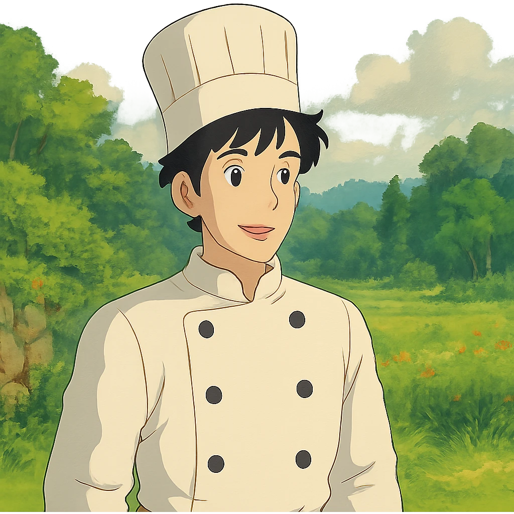 a man with black hair in a chef's suit emoji