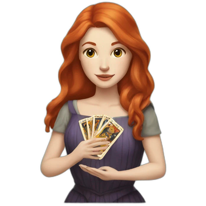 redhead white woman medium long straight hair, holding a tarot card in her hand emoji