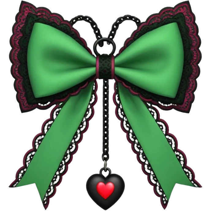 green gothic bow with black lace trim and heart charm, remove background emoji