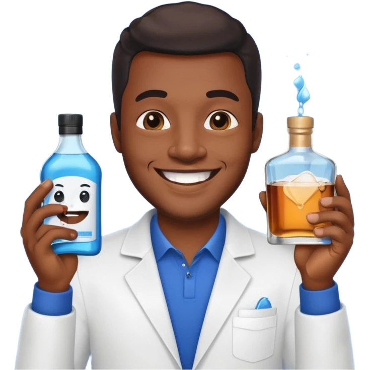 Black man holding dark blue mouthwash in one hand and whiskey in the other, smiling with sparkling teeth, emoji style emoji