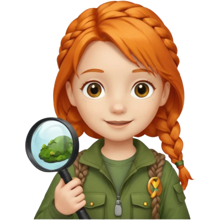 braid orange haired girl kid in moss green explorer outfit, holding magnifying glass, smile emoji