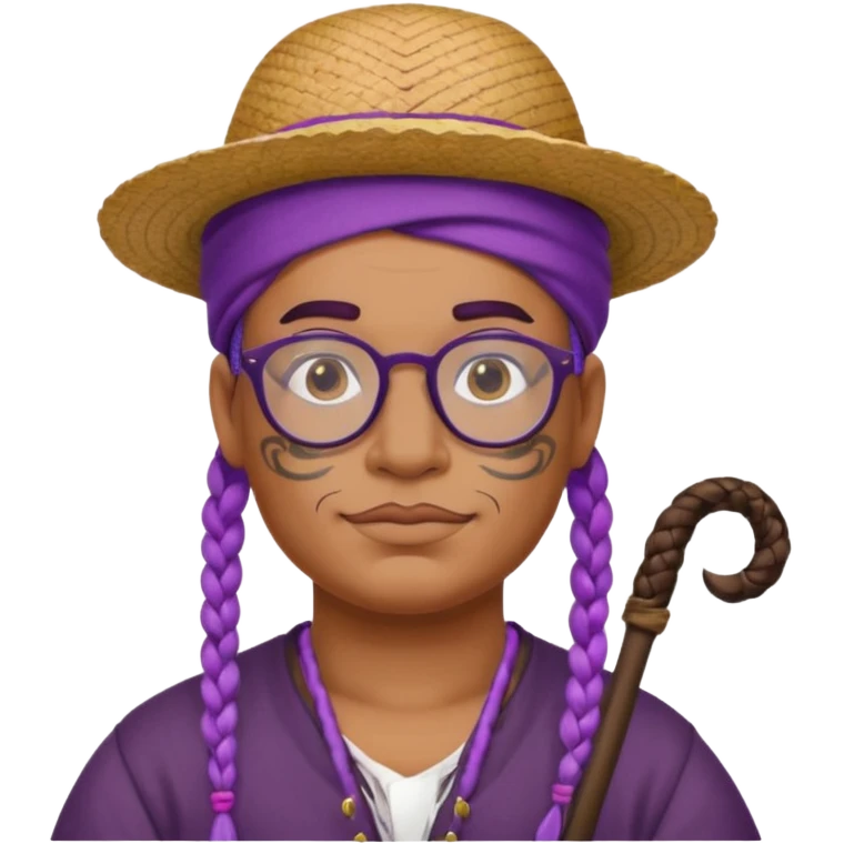 tattoed face, normal glassess, fat venice gondolier with iconic hat and purple braided hair emoji