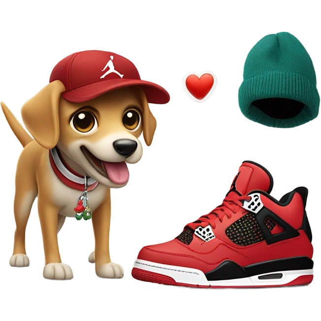 Dog with big tuna fish in mouth and fishers hat wearing Jordan 4 needs and Nike sweater emoji