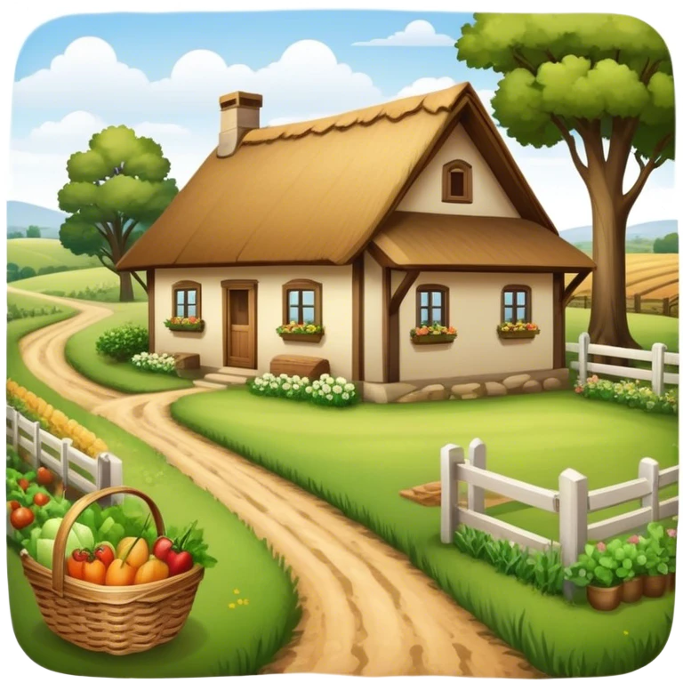 Icon for Rural Tourism: a peaceful countryside scene with a wooden cottage, a dirt path, grazing animals, and a basket of fresh produce. The icon should represent the tranquility and charm of rural life. Transparent background. emoji
