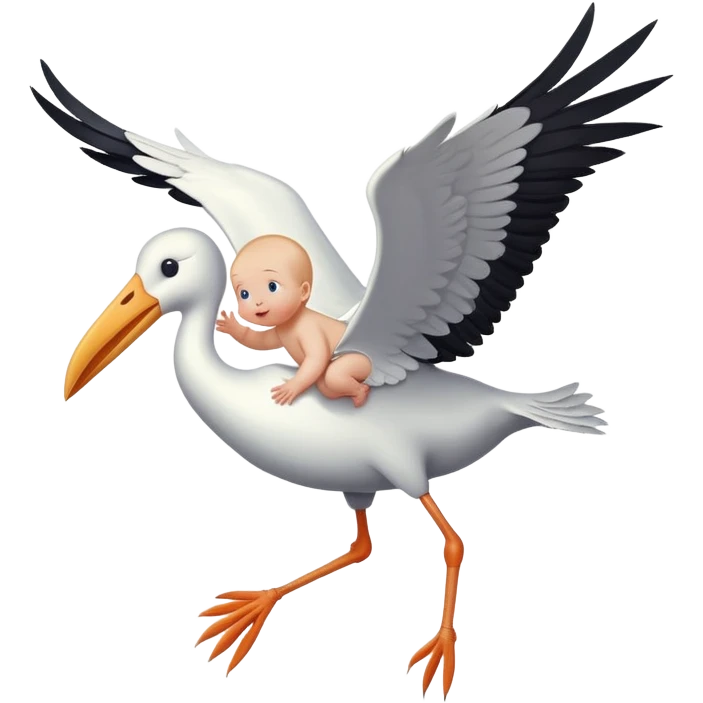 human baby in a bundle being carried by a flying stork emoji