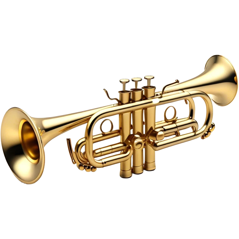 Create a sleek and professional emoji representing a Stomvi trumpet. The design should showcase the shiny, polished brass body of the trumpet with its distinct bell, valves, and tuning slides. Highlight the intricate keywork and the valve pistons, with detailed metallic accents and subtle reflections on the surface. The mouthpiece should be visible at the top of the instrument. Use golden and brass tones with light reflections to emphasize the smooth, high-quality finish. Add a few musical notes floating around the trumpet to evoke its bright and resonant sound. The background should be transparent. emoji