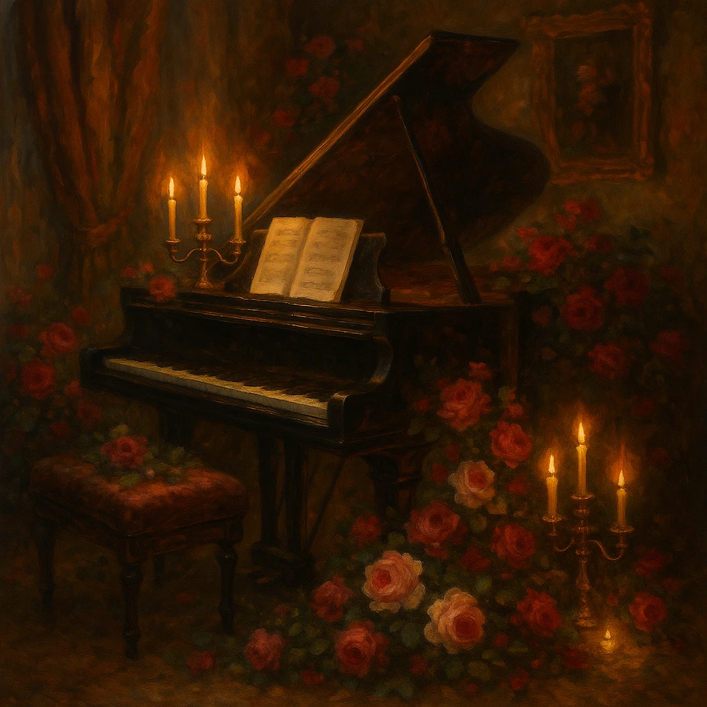 romantic period classical piano, grand, lush, surrounded by roses, candlelight, emotional atmosphere emoji
