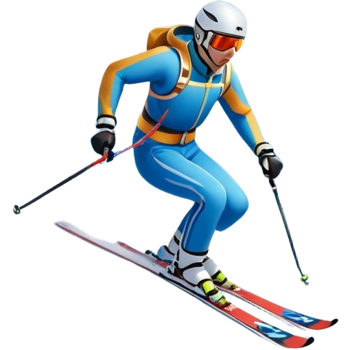 An icon featuring snowy peaks, pine trees, and a picturesque mountain landscape with a skier racing down a snow-covered slope. The sky is blue with soft clouds, capturing the thrill and beauty of alpine skiing. Transparent background highlights the excitement and serenity of winter sports. emoji
