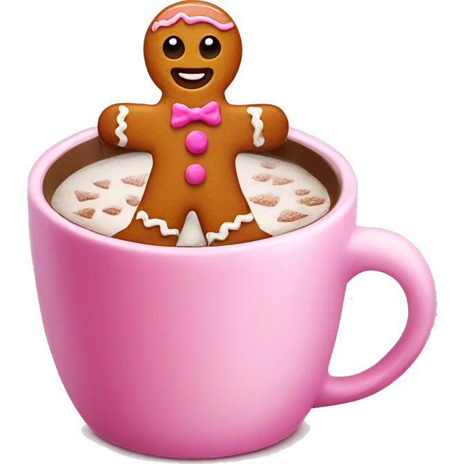A gingerbread man inside a pink cup with hot chocolate with frosting  emoji