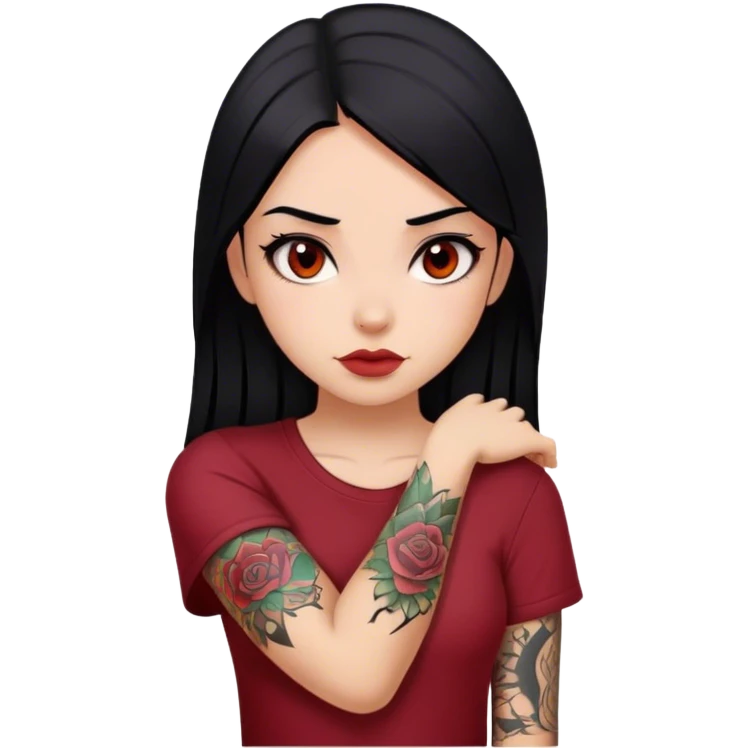 beautiful girl with black straight hair, dark red shirt, brown eyes, with tattoo in her forearm  emoji