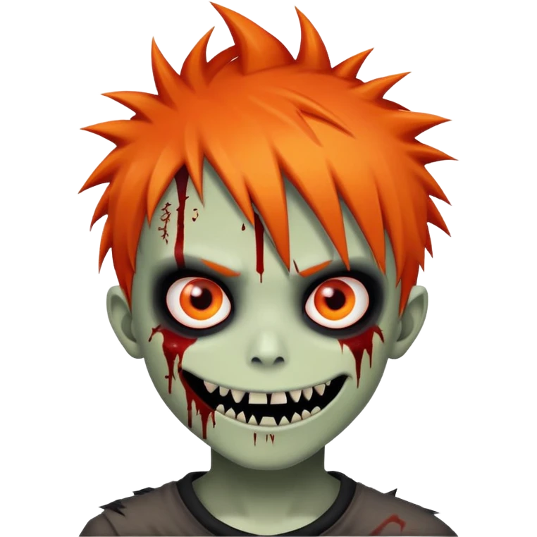 boy zombie with orange skin, orange spikey emo hair, black and red eyes, bloody smile, cartoonish emoji