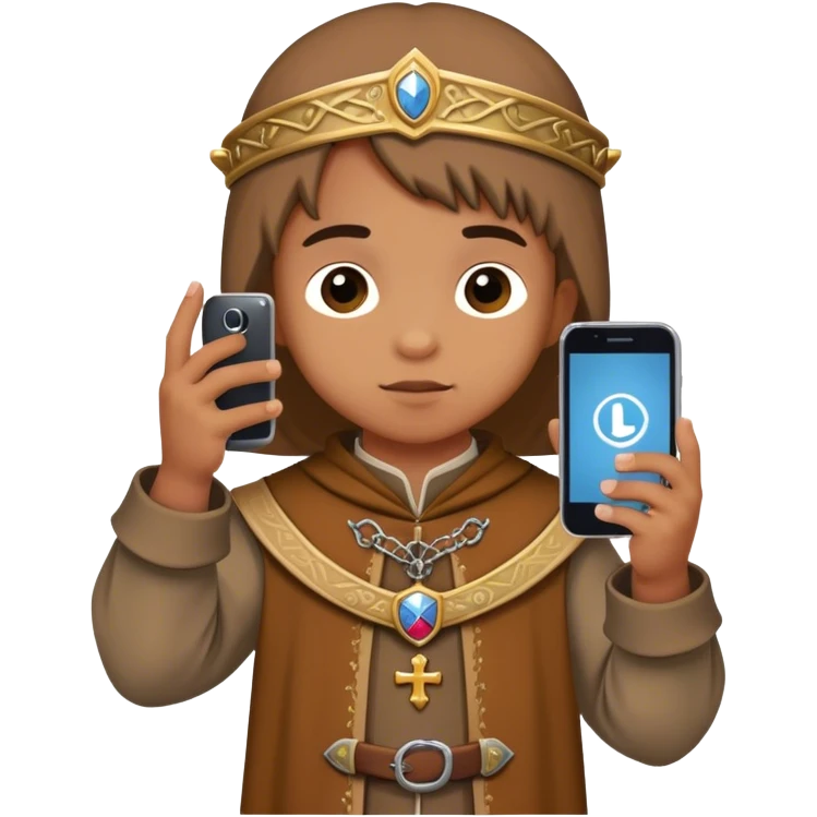 child in medieval clothes taking a photo with cell phone emoji