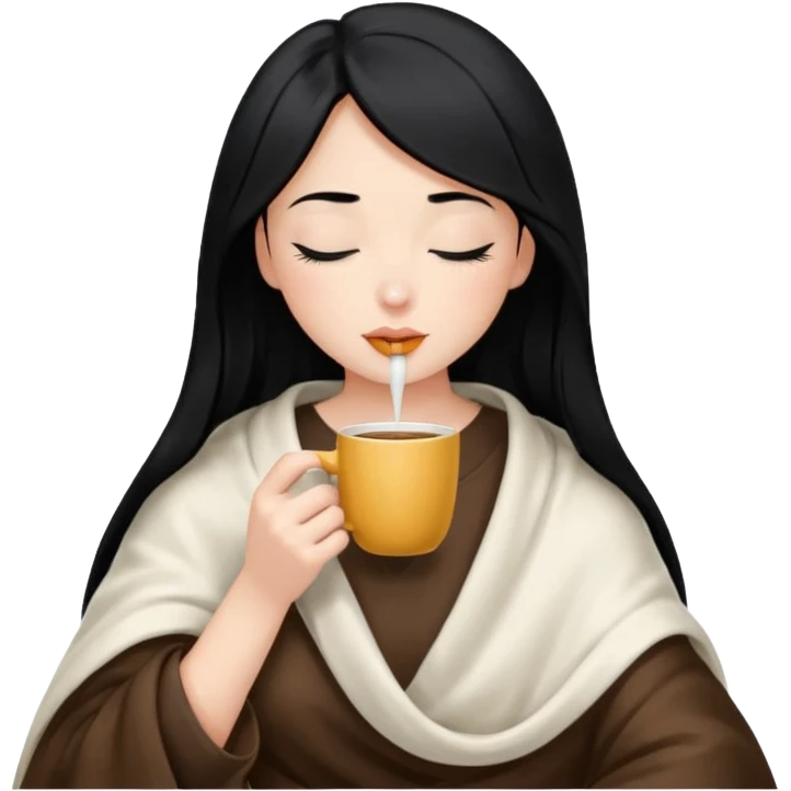 black hair girl long hair inside a white milky satin blanket sipping coffee eyes closed emoji
