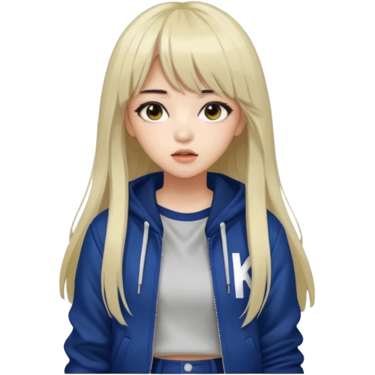 Portrait of a female K-pop idol, wearing a stylish streetwear outfit with layered clothing, long hair with bangs, makeup, cool face emoji