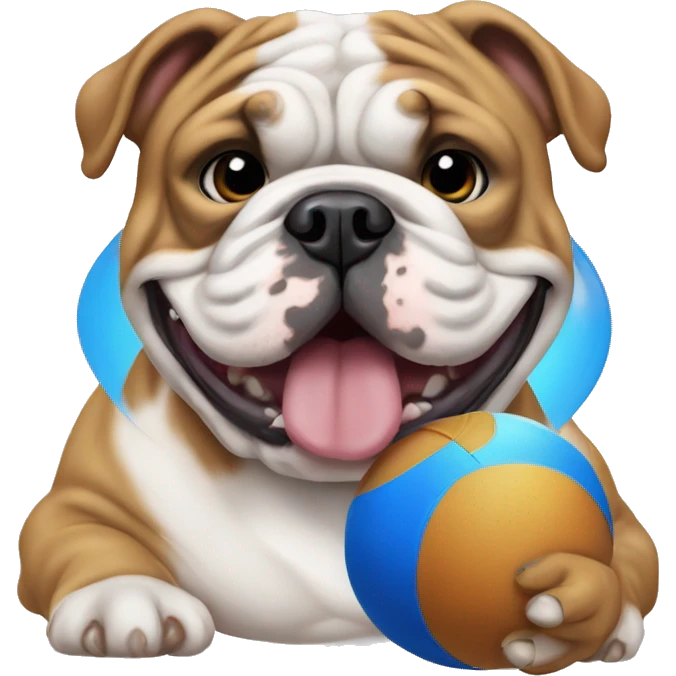 English bulldog playing with blue ball emoji