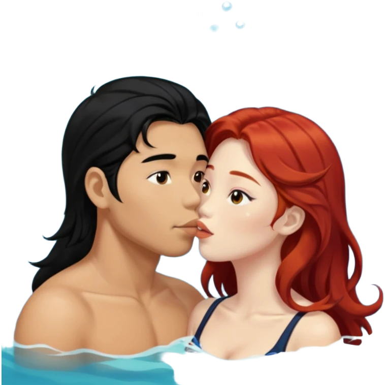 long black haired asian guy kiss redhead girl in ocean emoji